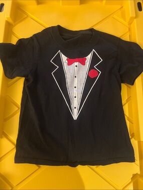 Kids Black Tuxedo T-shirt Tee with Red Bow Tie and Boutonnière